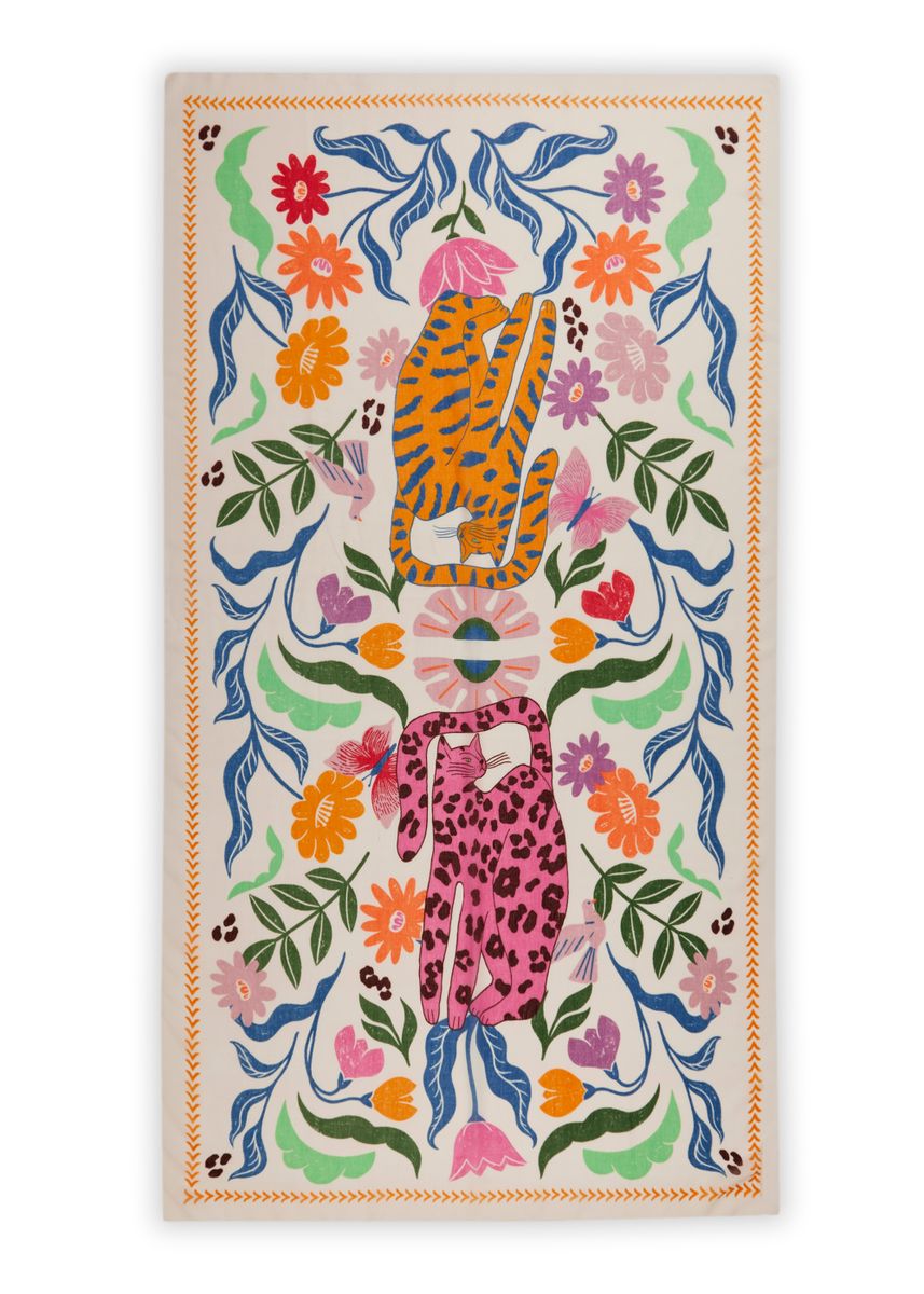 Schal aus recyceltem Polyester mit Katzen-Motiv und Blumenmuster