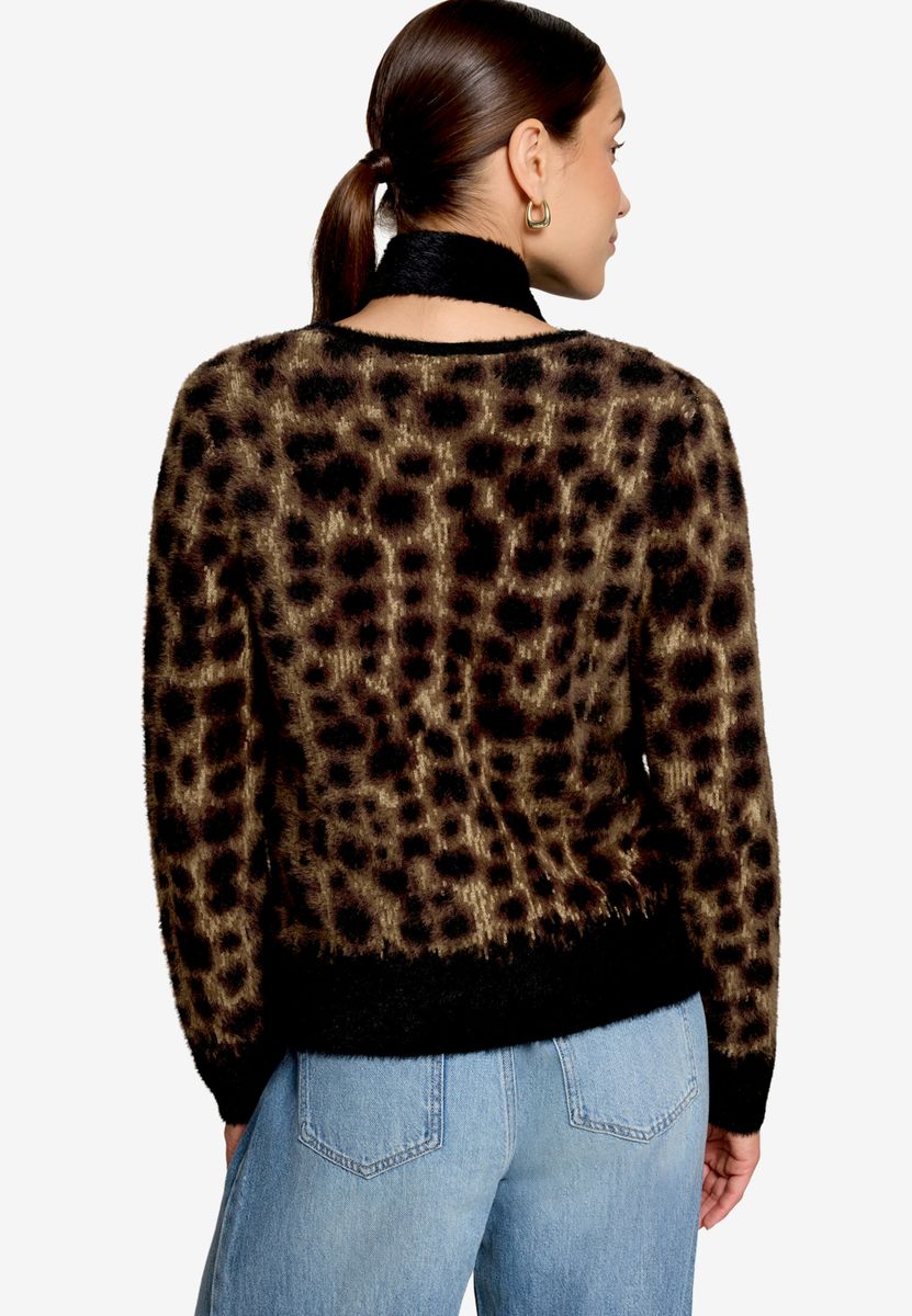 Flauschige Leo-Strickjacke mit Schal