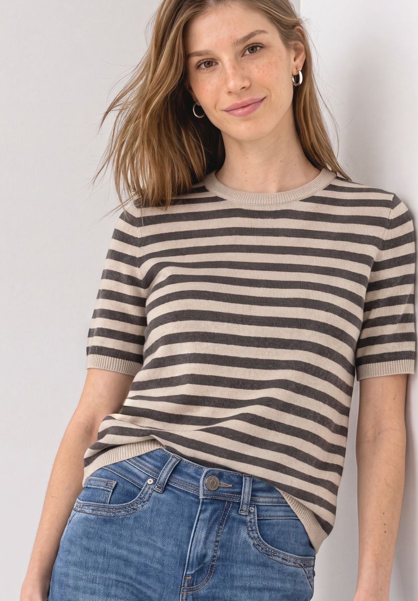 Kurzarm Pullover mit Rundhals und Streifen
