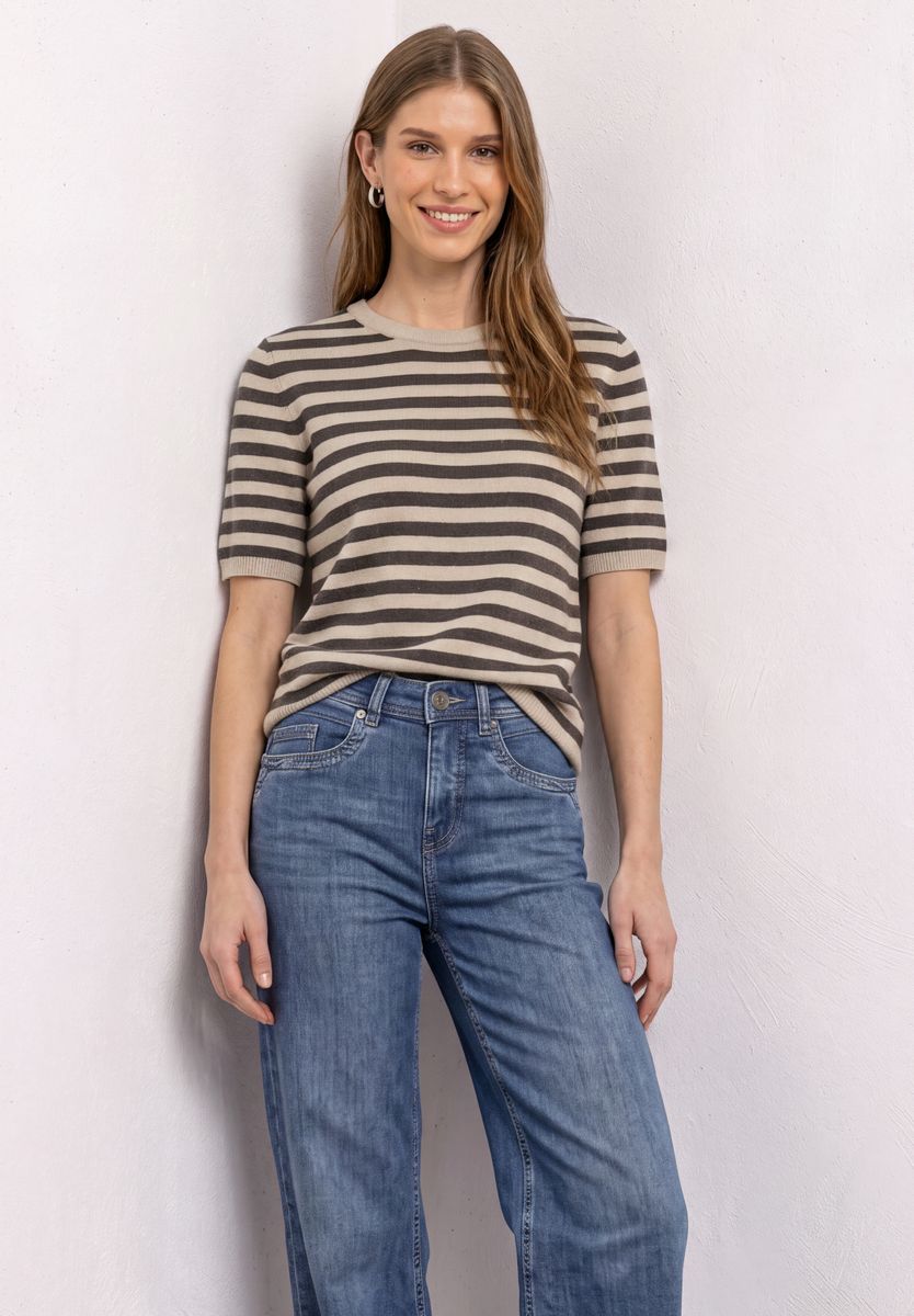 Kurzarm Pullover mit Rundhals und Streifen