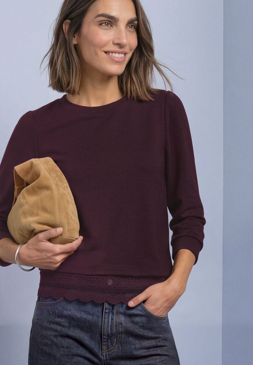 3/4-Arm Shirt mit Spitzenkante am Saum
