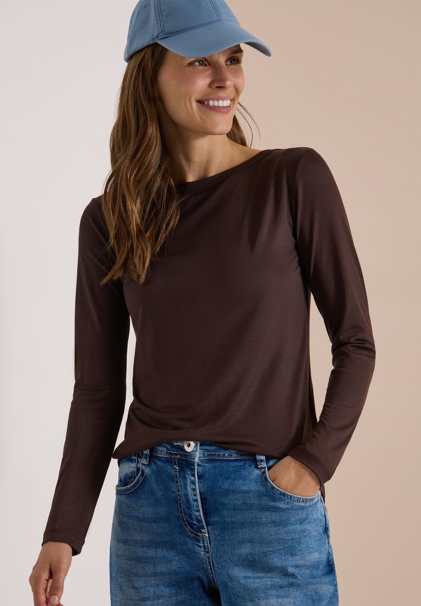 Langarm Shirt in Unifarbe mit Boat Neck