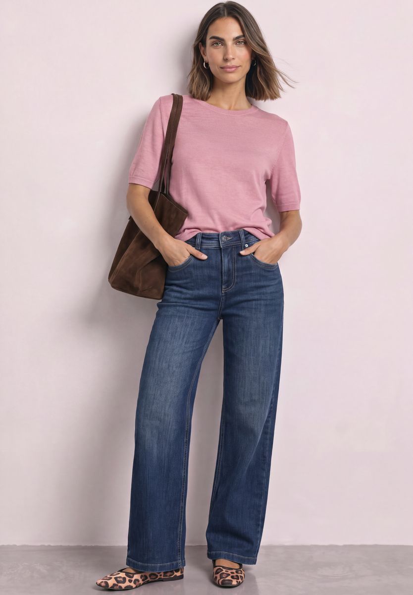 Kurzarm Pullover mit Rundhals in Unifarbe