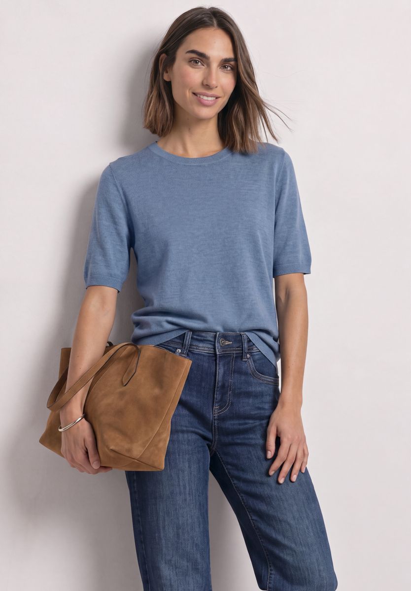 Kurzarm Pullover mit Rundhals in Unifarbe