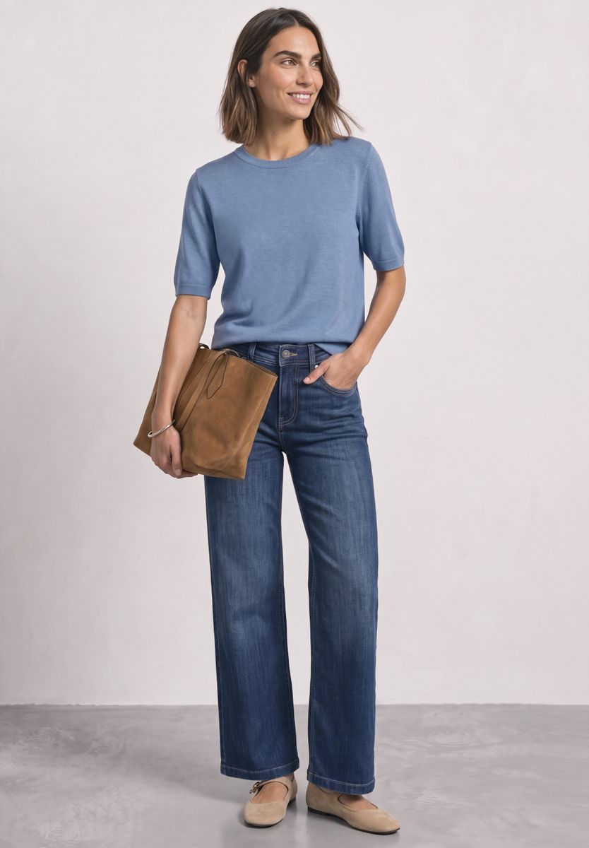 Kurzarm Pullover mit Rundhals in Unifarbe