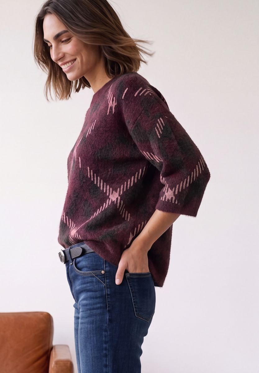 Kurzarm Pullover mit Rundhals und Muster
