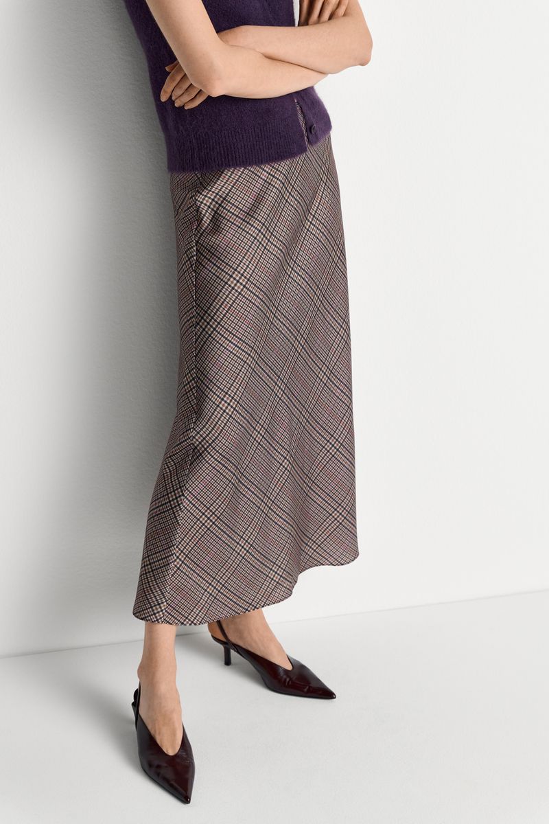 Printed Satin Midi Skirt with Check