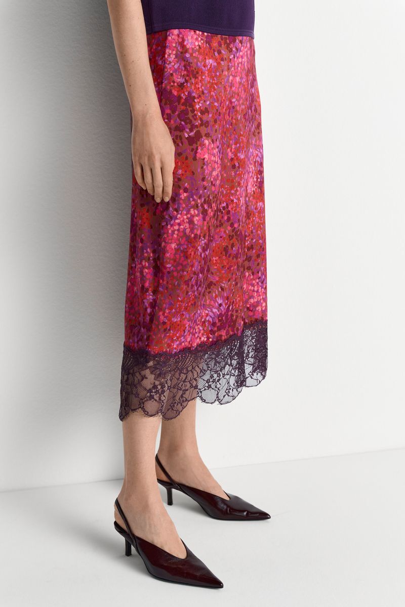 Printed Satin Midi Skirt with Lace
