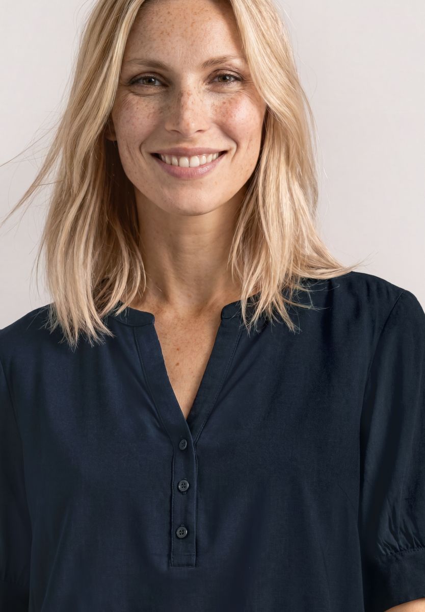 Kurzarm Bluse mit Split Neck und Elastiksaum
