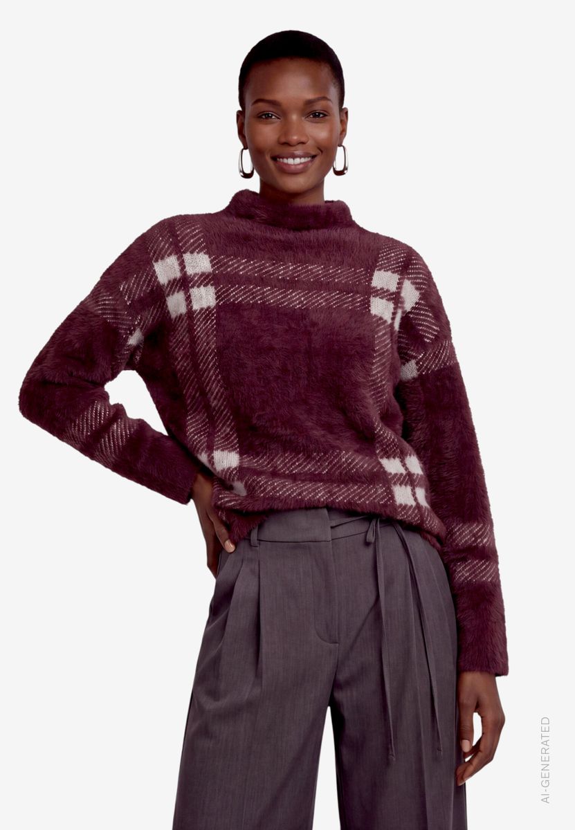 Damen Pullover kariert mit Stehkragen