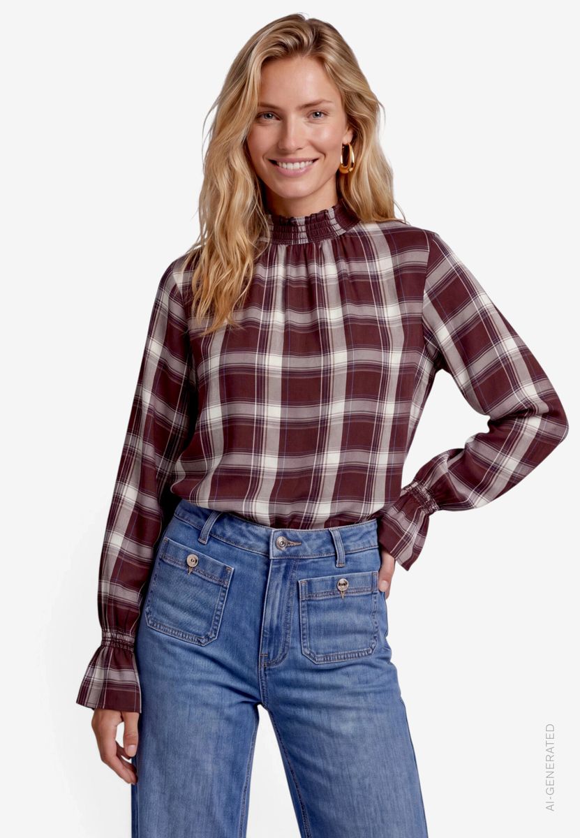Karierte Bluse Damen mit Stehkragen