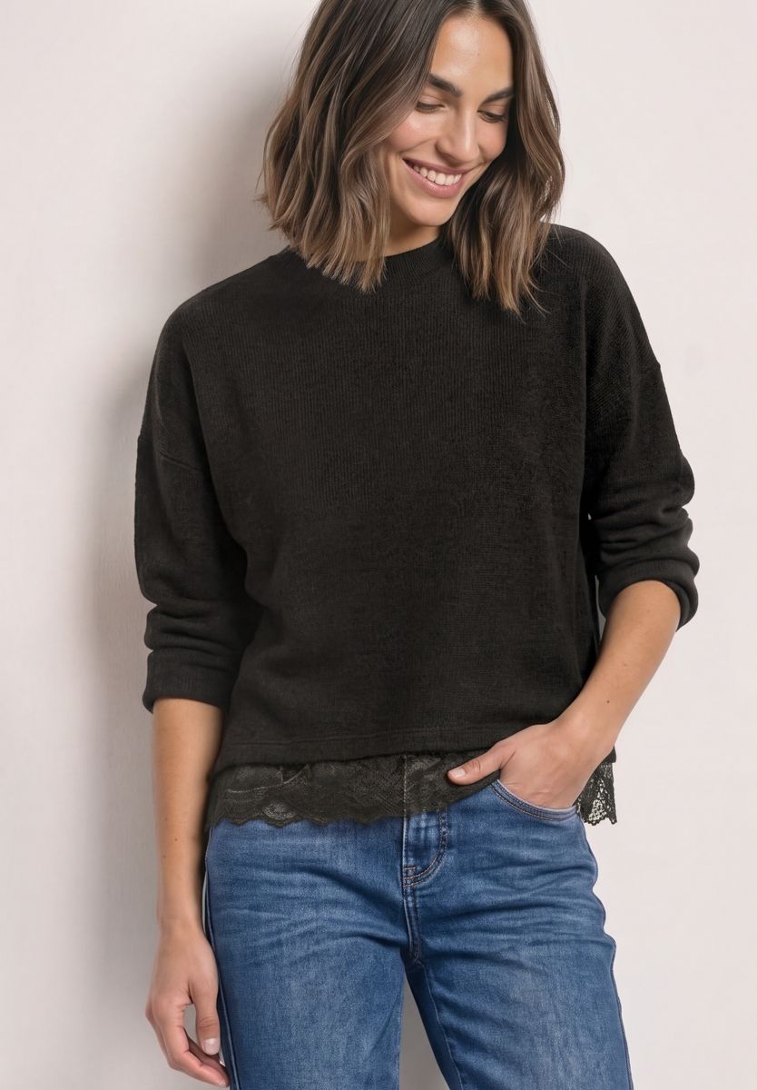 Langarm Shirt mit Rundhals und Spitzenborte