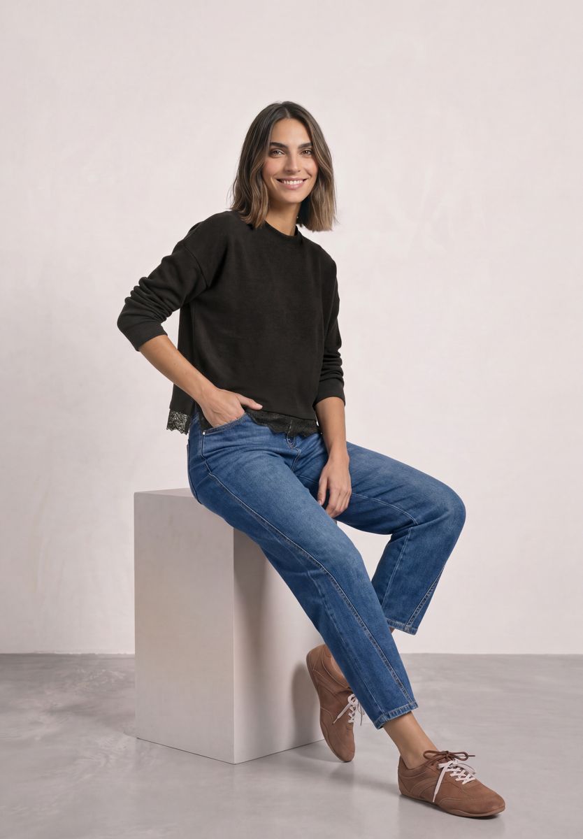 Langarm Shirt mit Rundhals und Spitzenborte