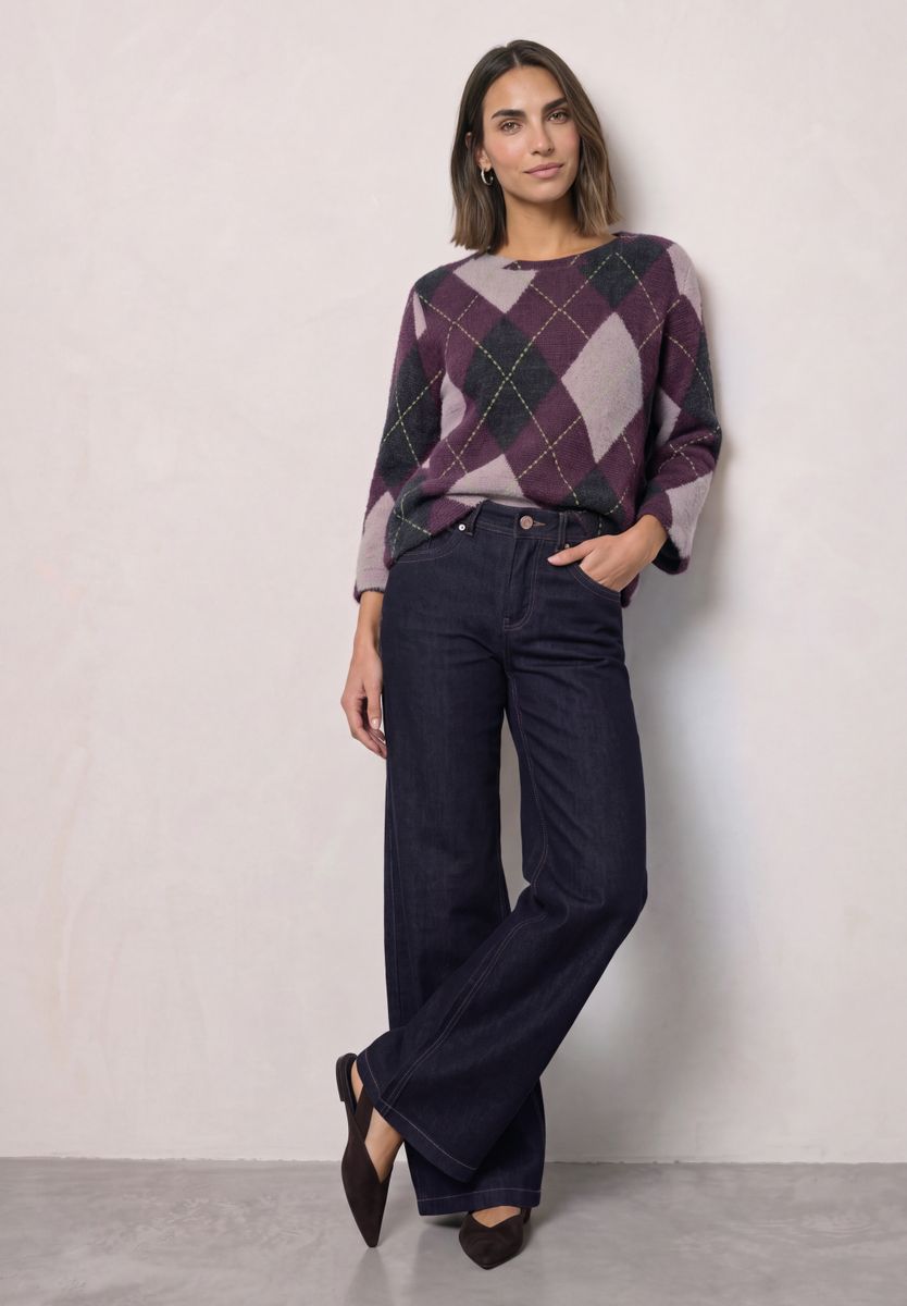 3/4-Arm Shirt mit Rundhals und Argylemuster