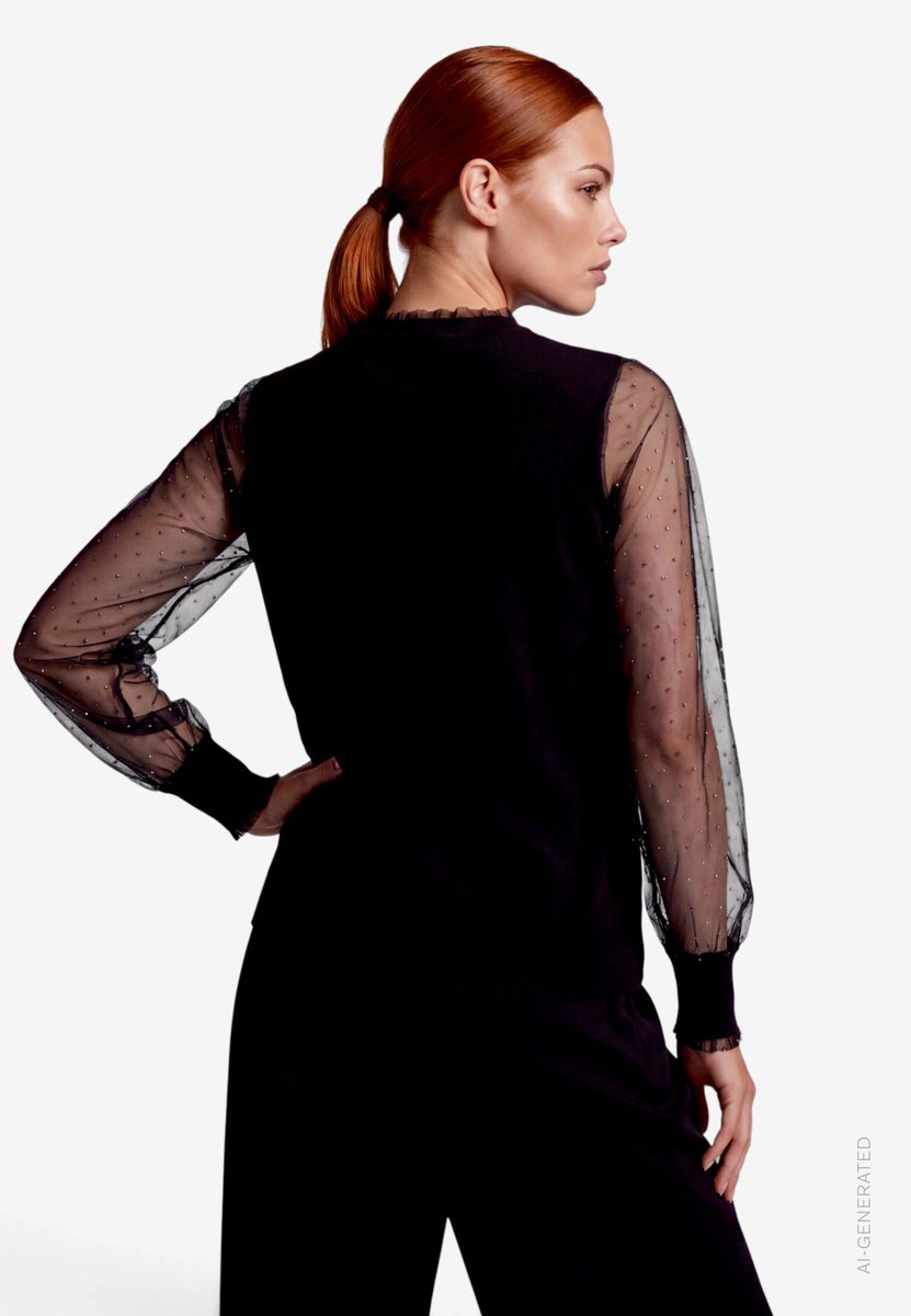 Damen Feinstrickpullover mit transparenten Ärmeln