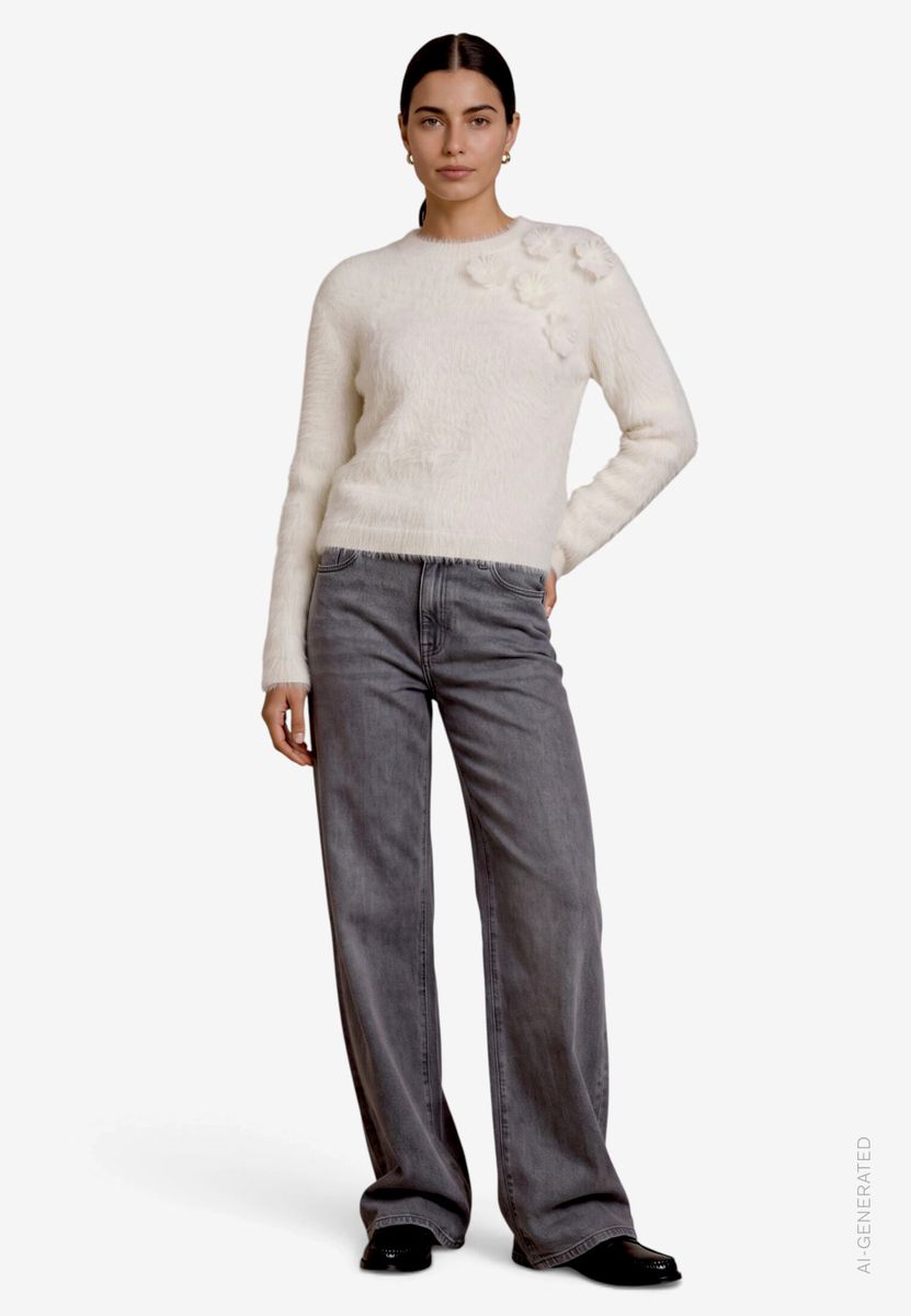 Damen Flauschiger Pullover mit 3D Blumen