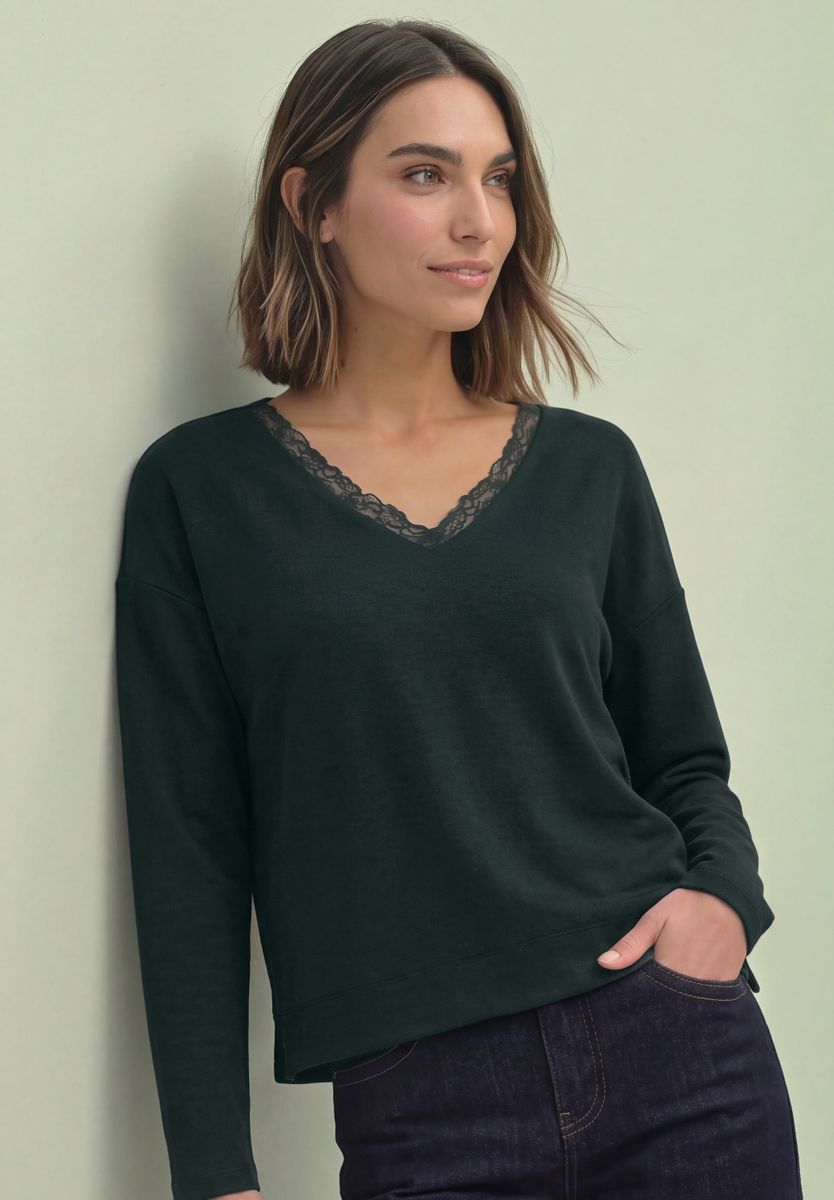 Langarm Shirt mit V-Neck und Spitzendetail