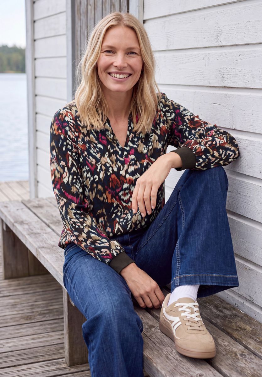 Langarm Bluse mit Split Neck und Print