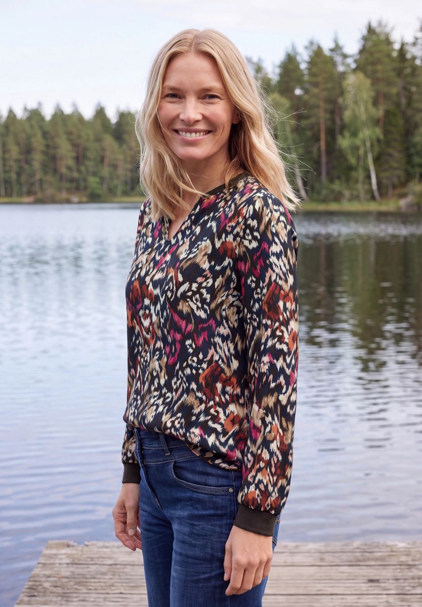 Langarm Bluse mit Split Neck und Print