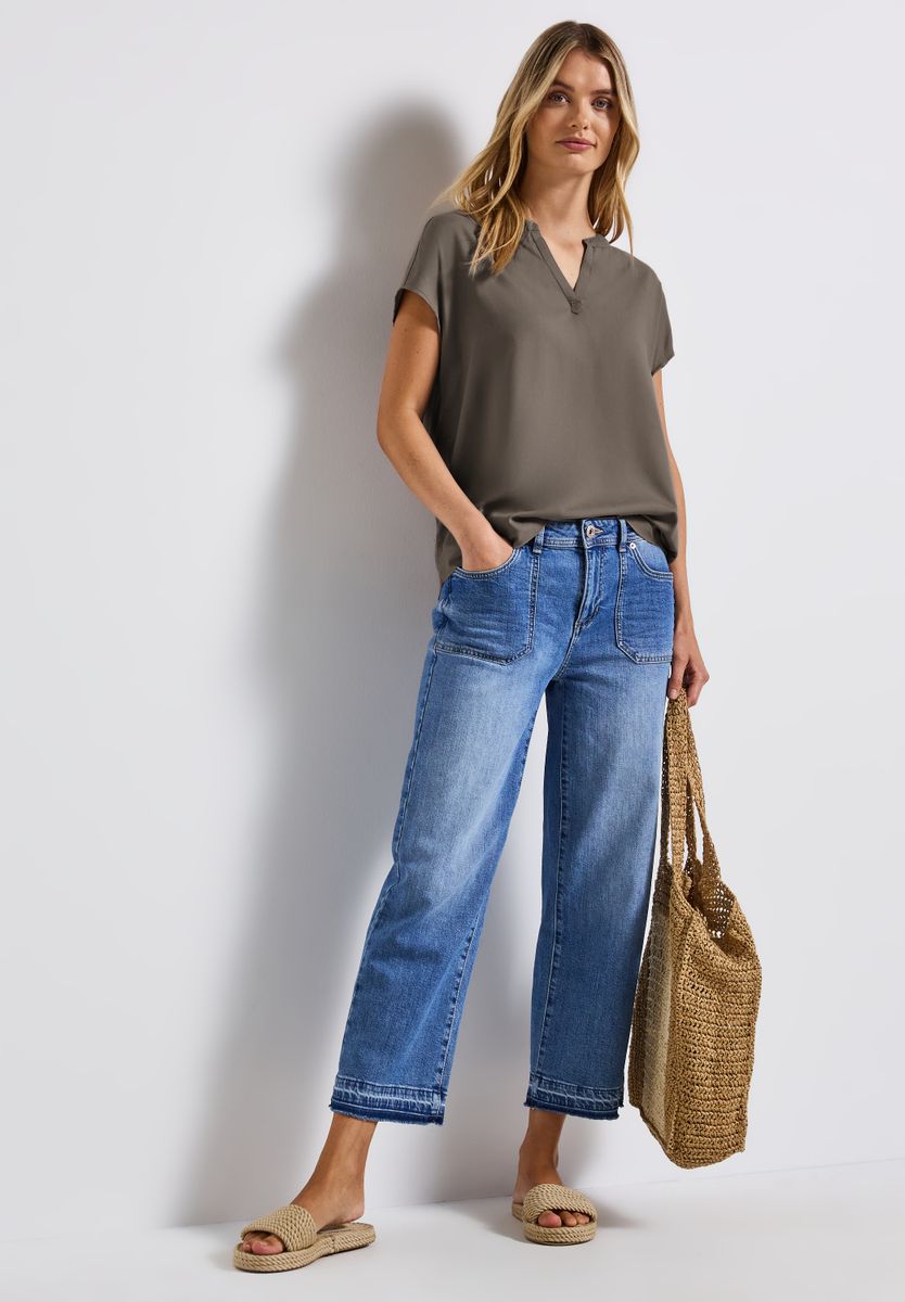 Split Neck Bluse in Unifarbe
