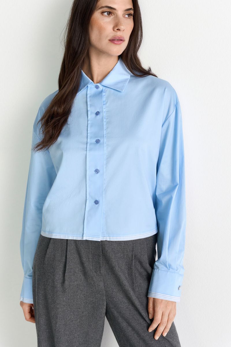 Cropped Cotton Blouse with Contrast Fabric