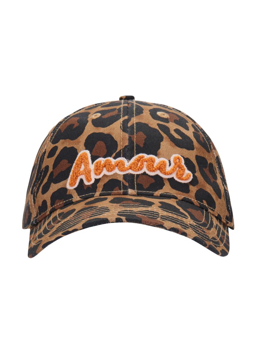 Cap aus Baumwolle im Baseball-Style mit Fellmuster und Amour-Stickerei