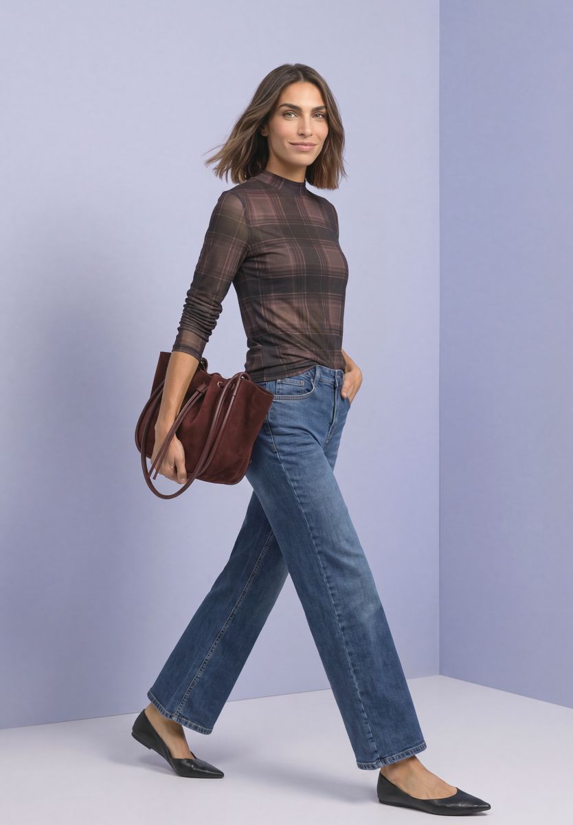 Langarm Mesh-Shirt mit Rundhals und Print