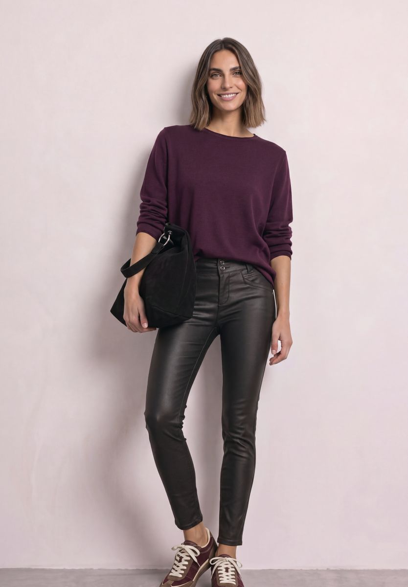 Mid Waist Hose im Slim Fit in Leder-Optik