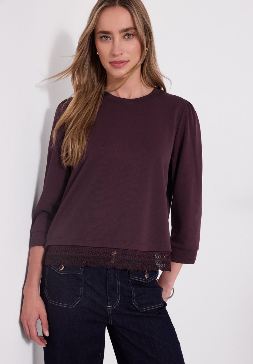 3/4-Arm Shirt mit Spitzenkante am Saum