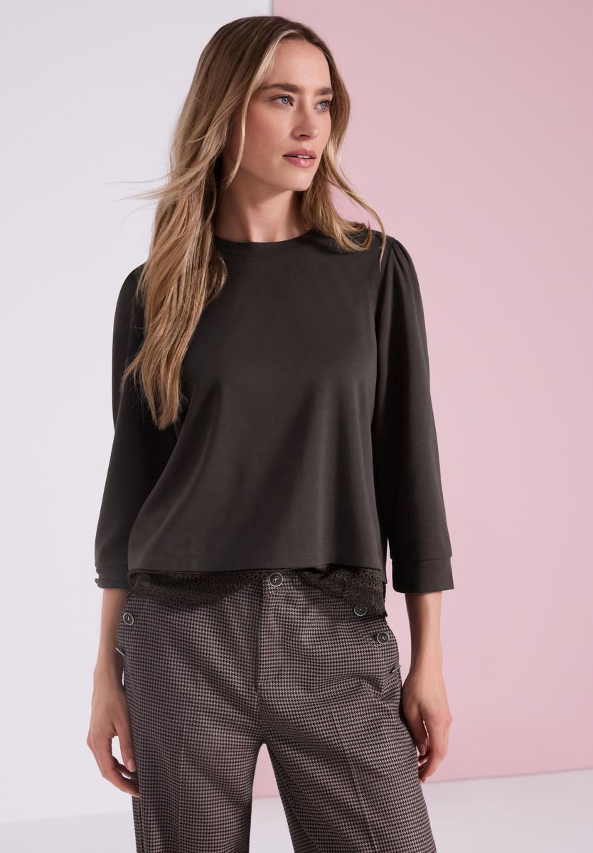 3/4-Arm Shirt mit Spitzenkante am Saum