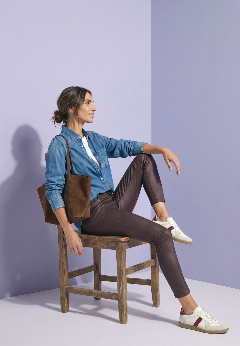 Mid Waist Hose im Slim Fit in Leder-Optik