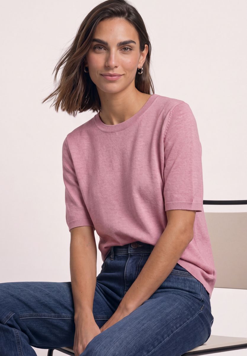 Kurzarm Pullover mit Rundhals in Unifarbe