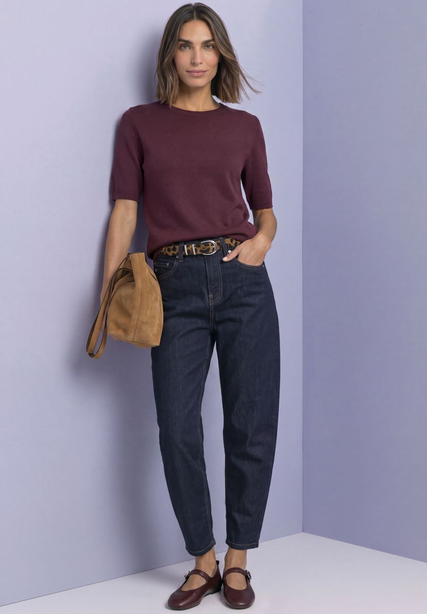 Kurzarm Pullover mit Rundhals in Unifarbe