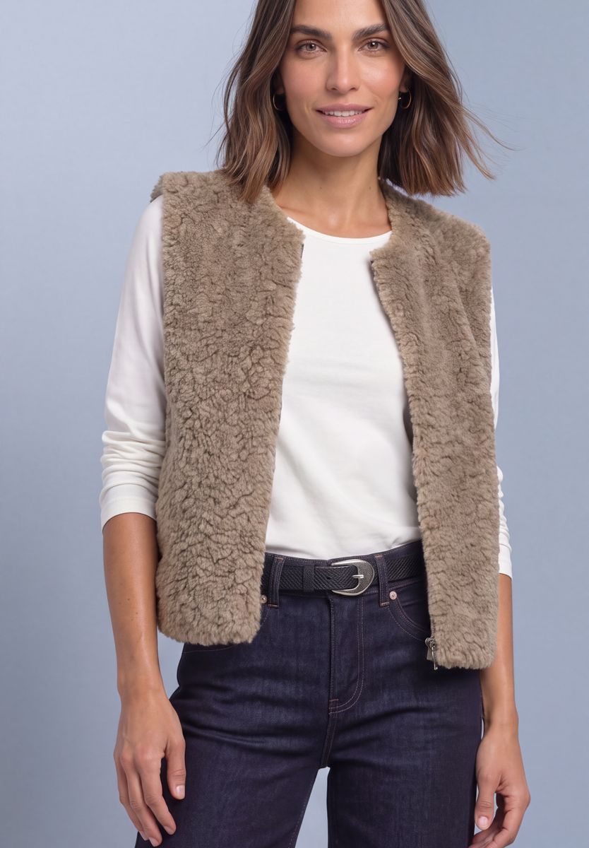 Fake Fur Weste mit Taschen und Zipper