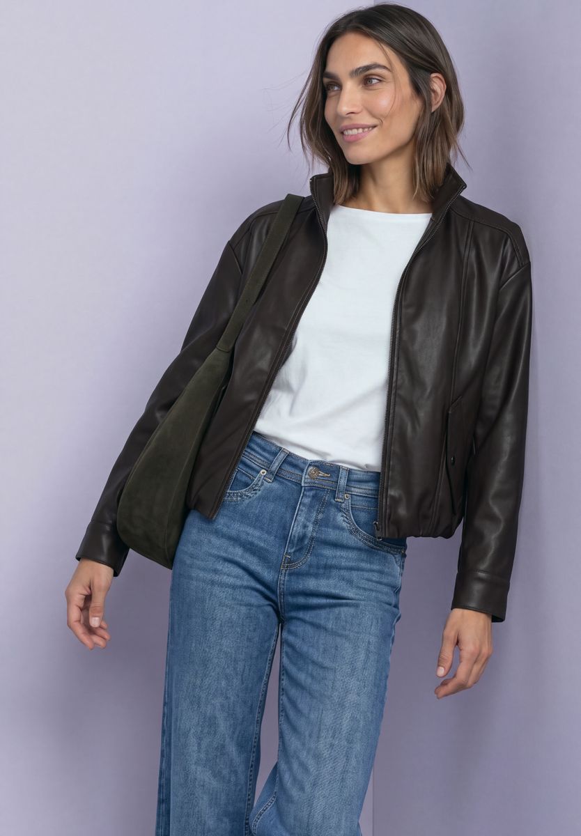 Leder-Look Jacke mit Stehkragen und Zipper