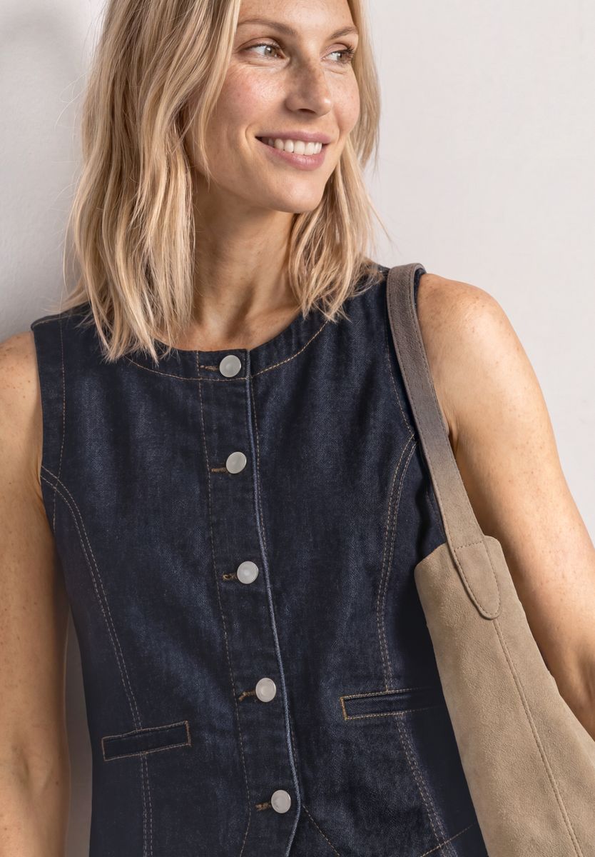 Denim Weste mit Rundhals und Knöpfen