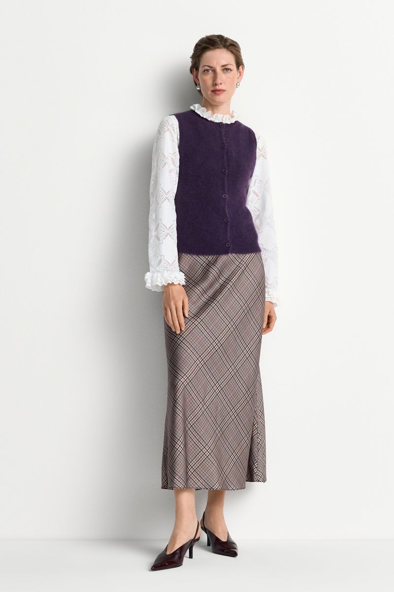 Printed Satin Midi Skirt with Check