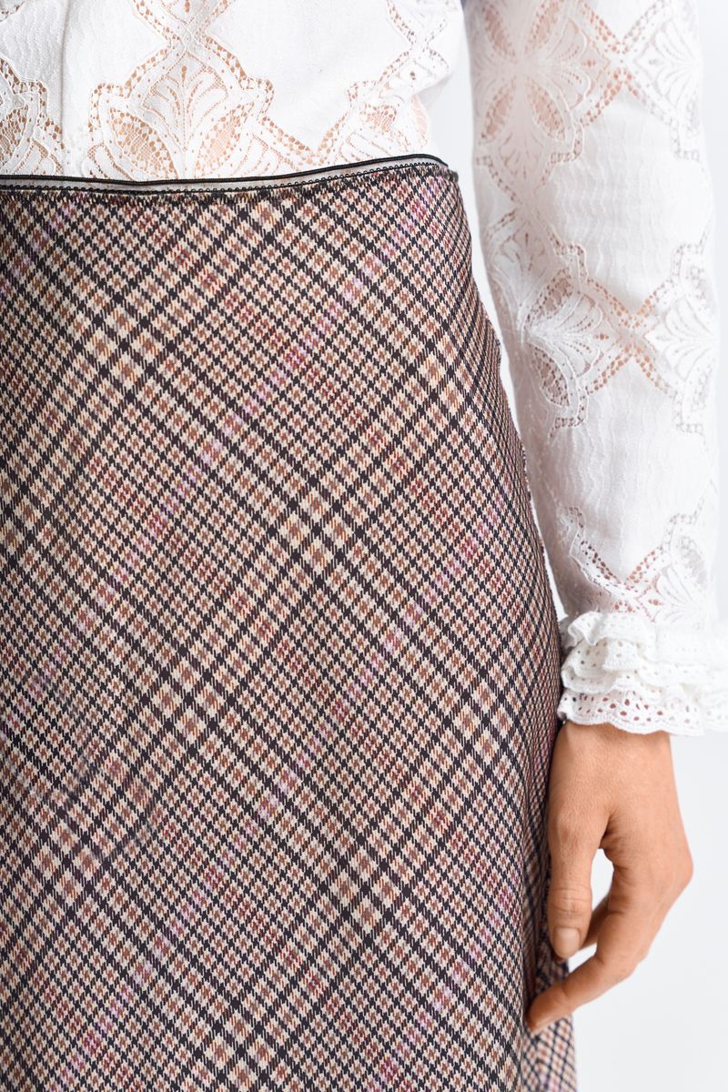 Printed Satin Midi Skirt with Check
