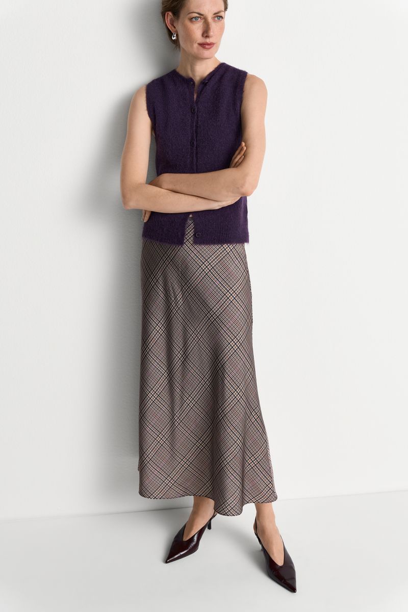 Printed Satin Midi Skirt with Check