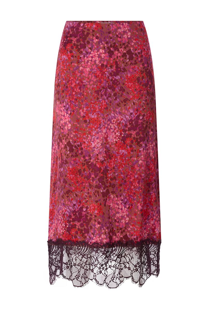 Printed Satin Midi Skirt with Lace