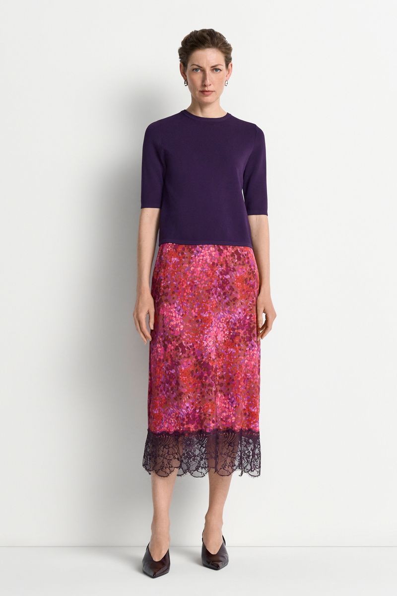 Printed Satin Midi Skirt with Lace