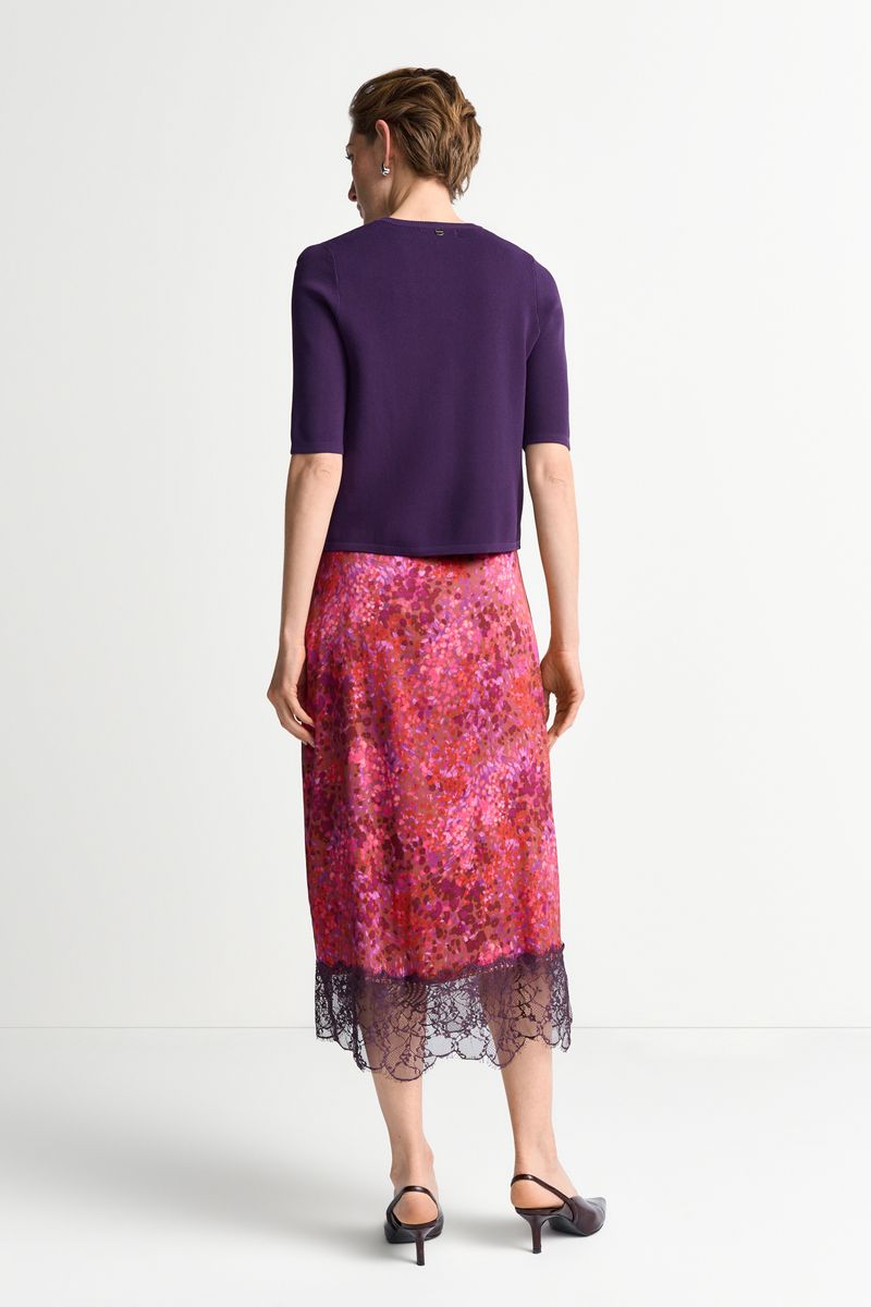 Printed Satin Midi Skirt with Lace