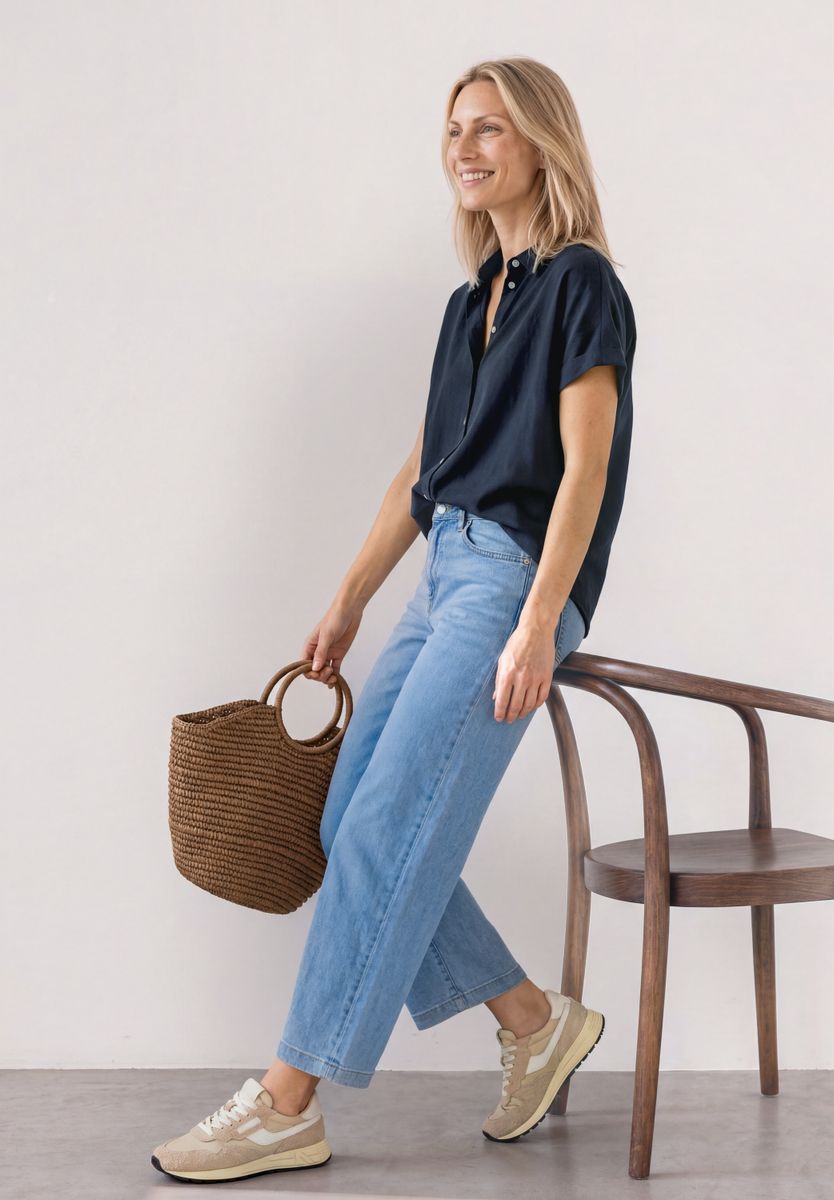 Kurzarm Bluse mit Split Neck und Elastiksaum