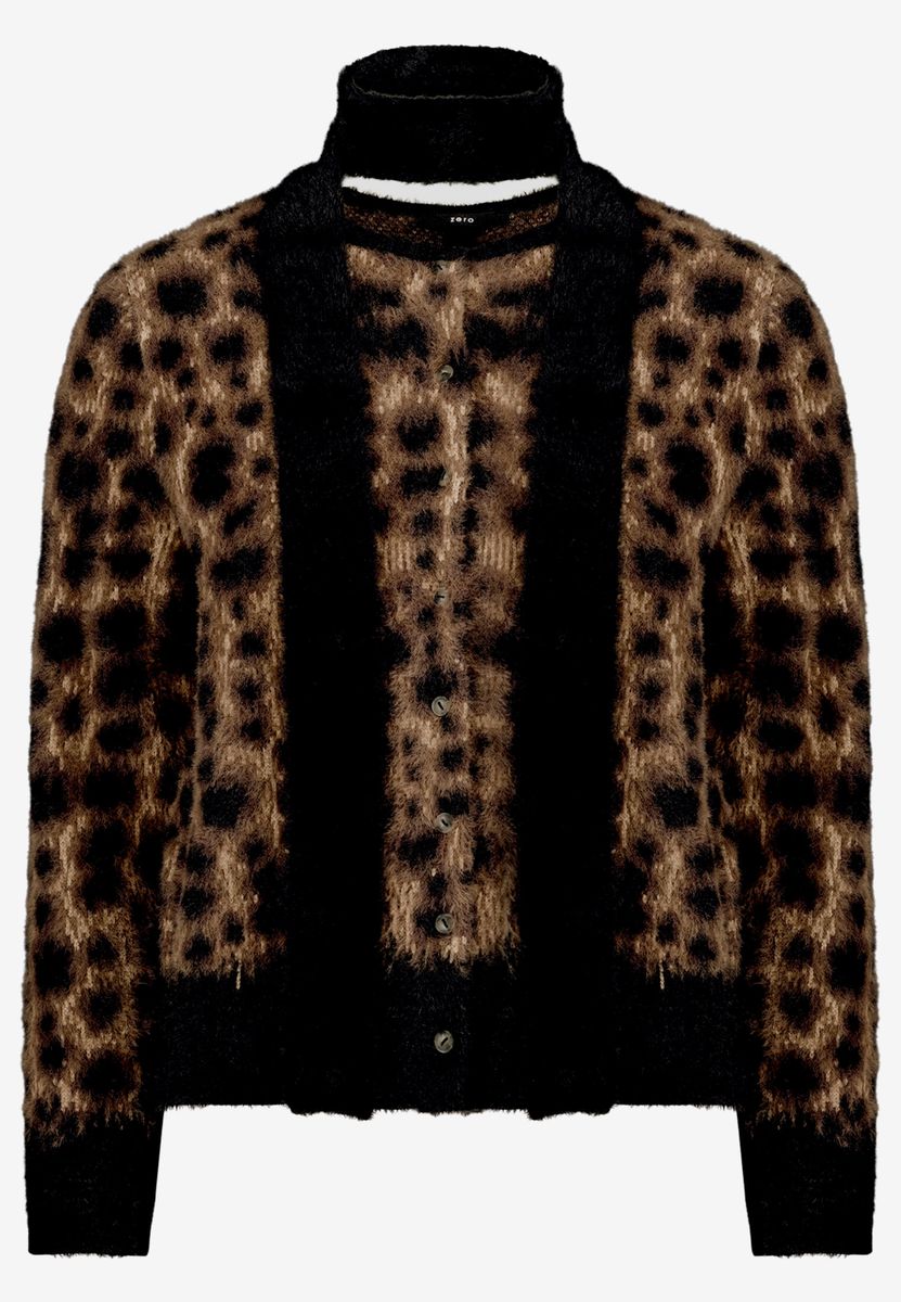 Flauschige Leo-Strickjacke mit Schal