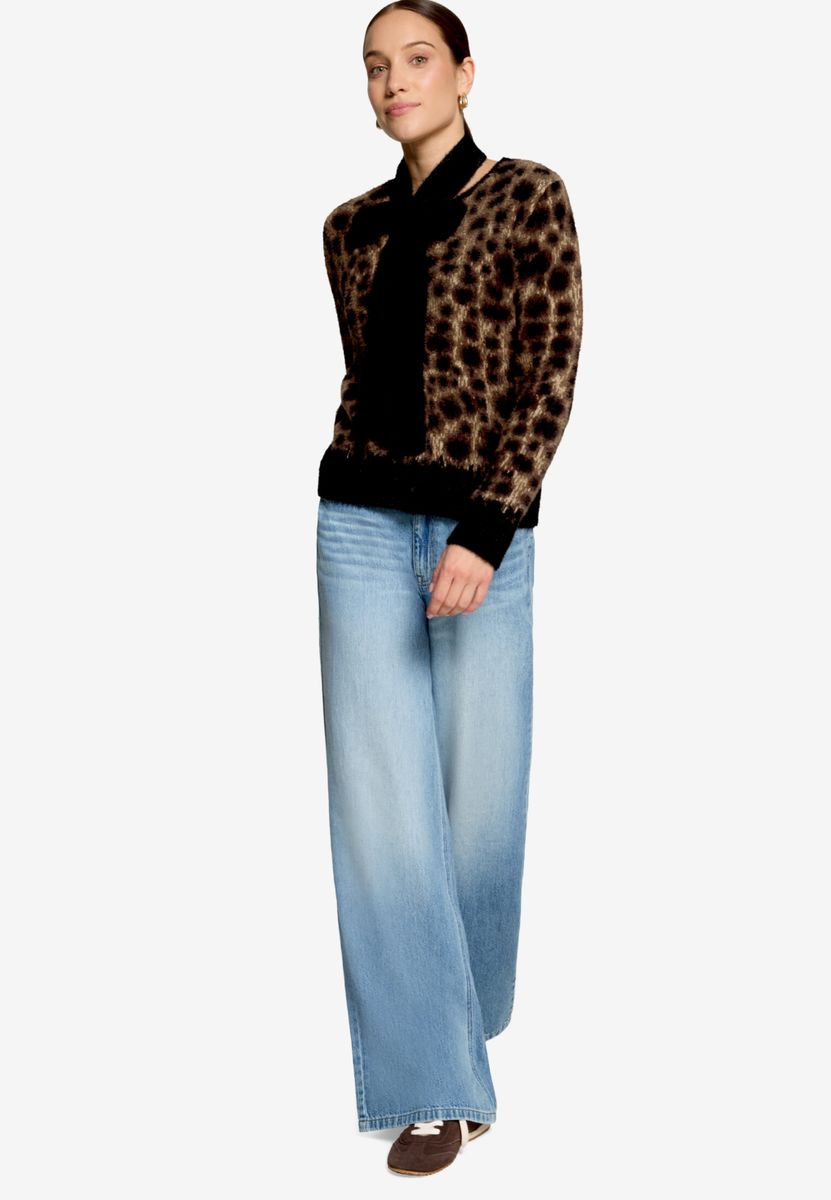 Flauschige Leo-Strickjacke mit Schal