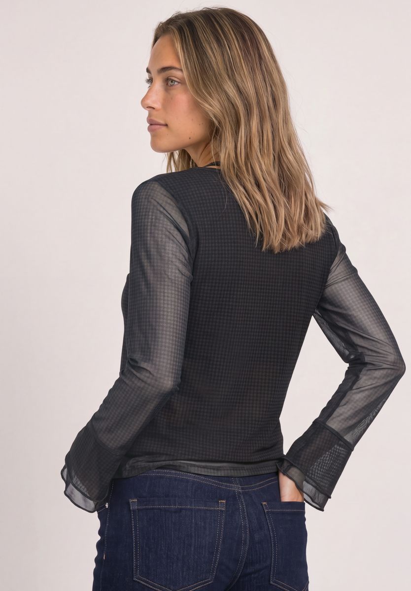 Shirt aus Mesh mit langen Volant-Ärmeln