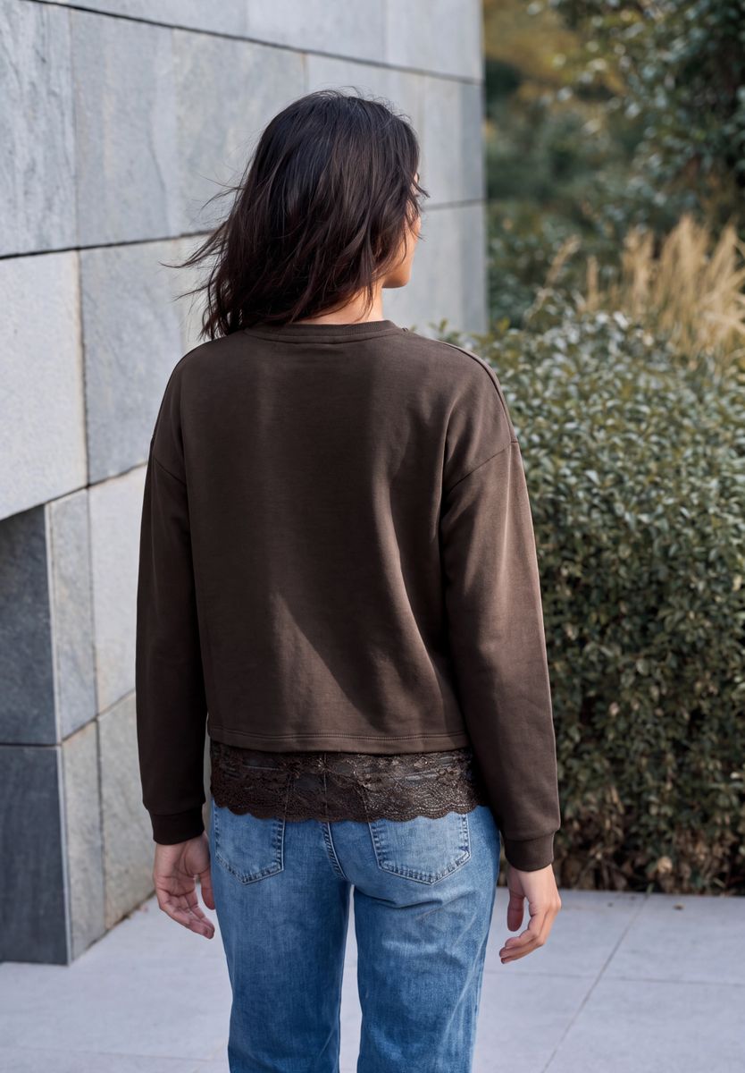Langarm Shirt mit Rundhals und Spitzenkante