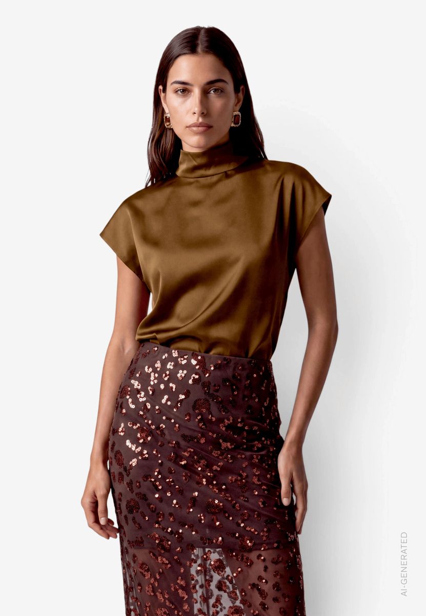 Damen Satin-Bluse  kurzarm mit Kragen