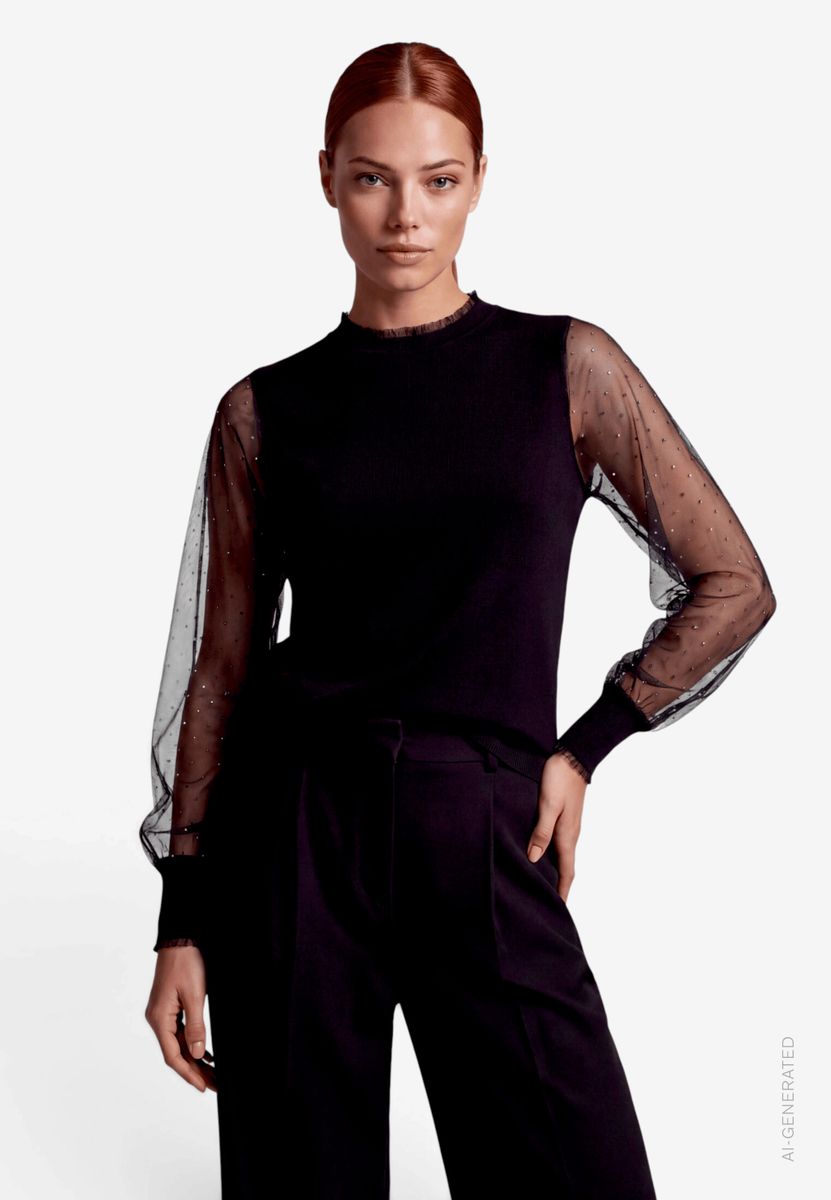 Damen Feinstrickpullover  mit transparenten Ärmeln