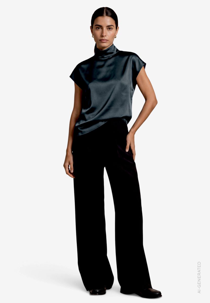 Damen Satin-Bluse  kurzarm mit Kragen